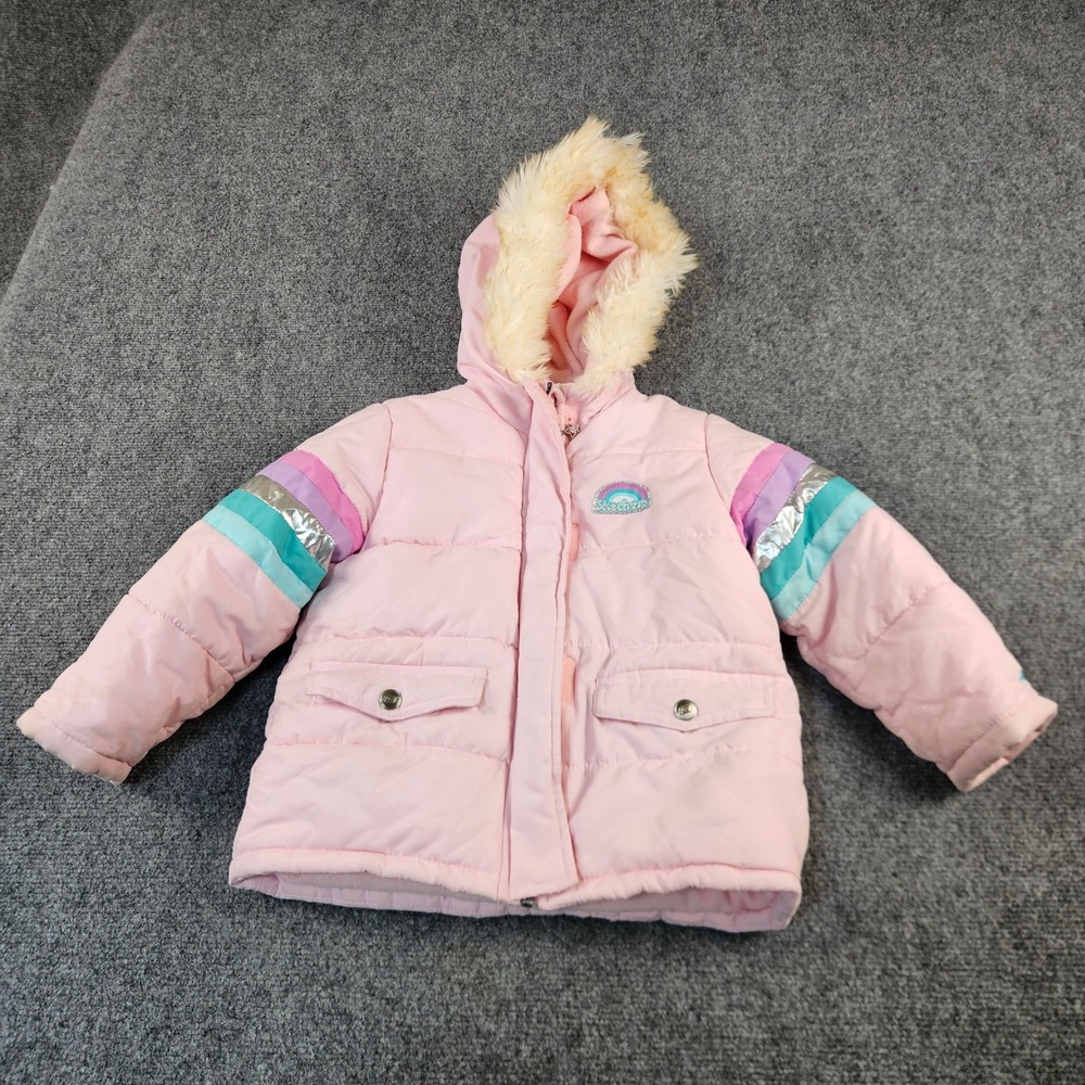 Skechers Girls Pink Puffer Jacket Faux Fur Hood Rainbow Stripes Size 4 219824S